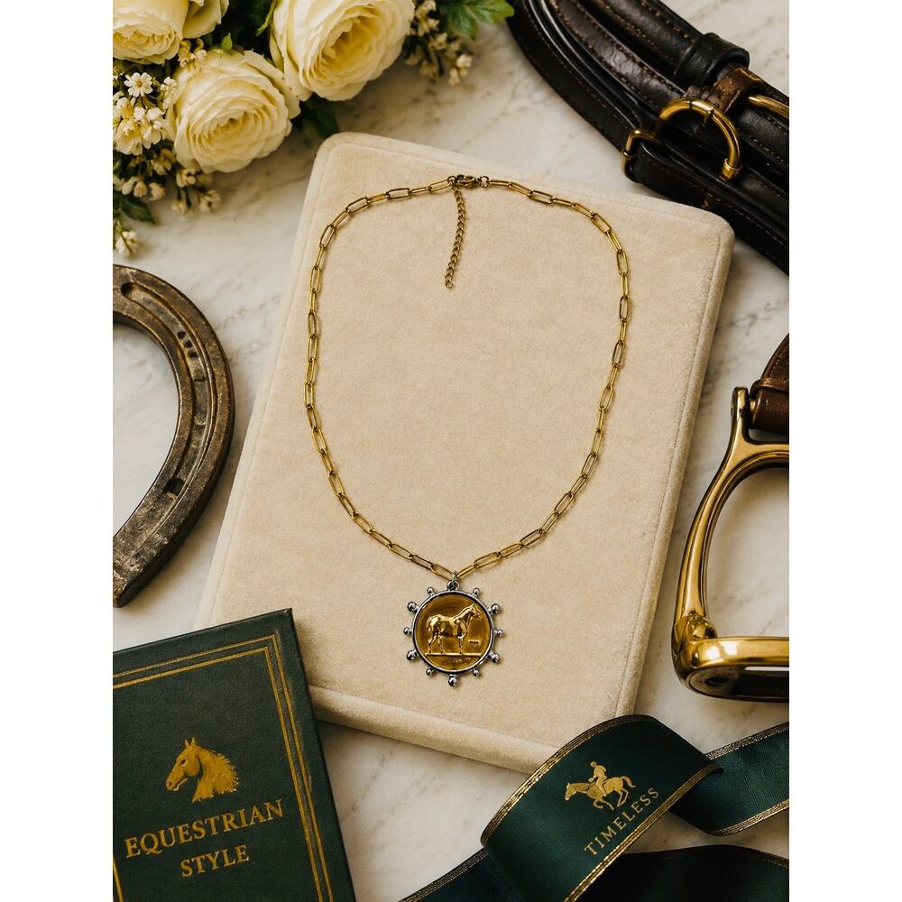 Equestrian Horse Medallion Necklace 18K Gold PVD 20”+2” Paperclip Chain - Picture 2 of 5